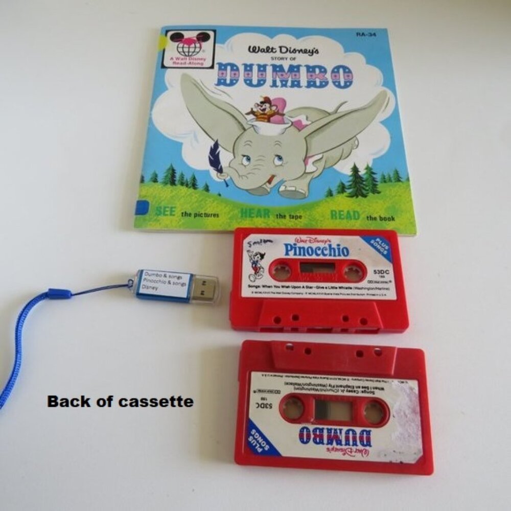 DISNEY Dumbo Book & Pinocchio Cassette Tape & USB Flash Drive with MP3 F…